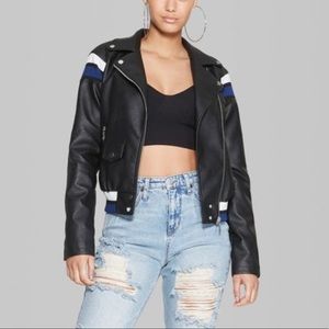 Faux leather moto jacket with striped trim